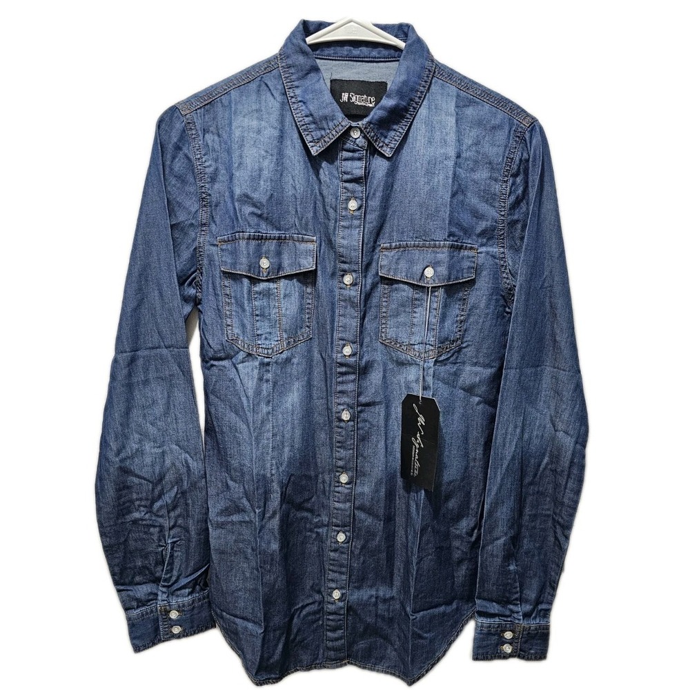 JW Signature Women's M Denim Shirt Button Up Western 100% Cotton Blue J52017 NWT
